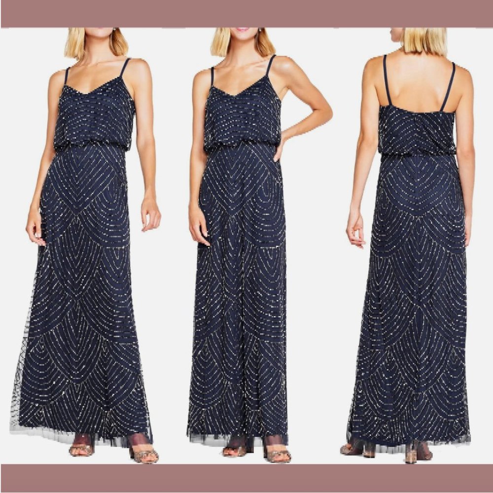 NWT $269‎ Adrianna Papell Embellished Gown Navy Blue [ SZ 2P Petite ] #Q429